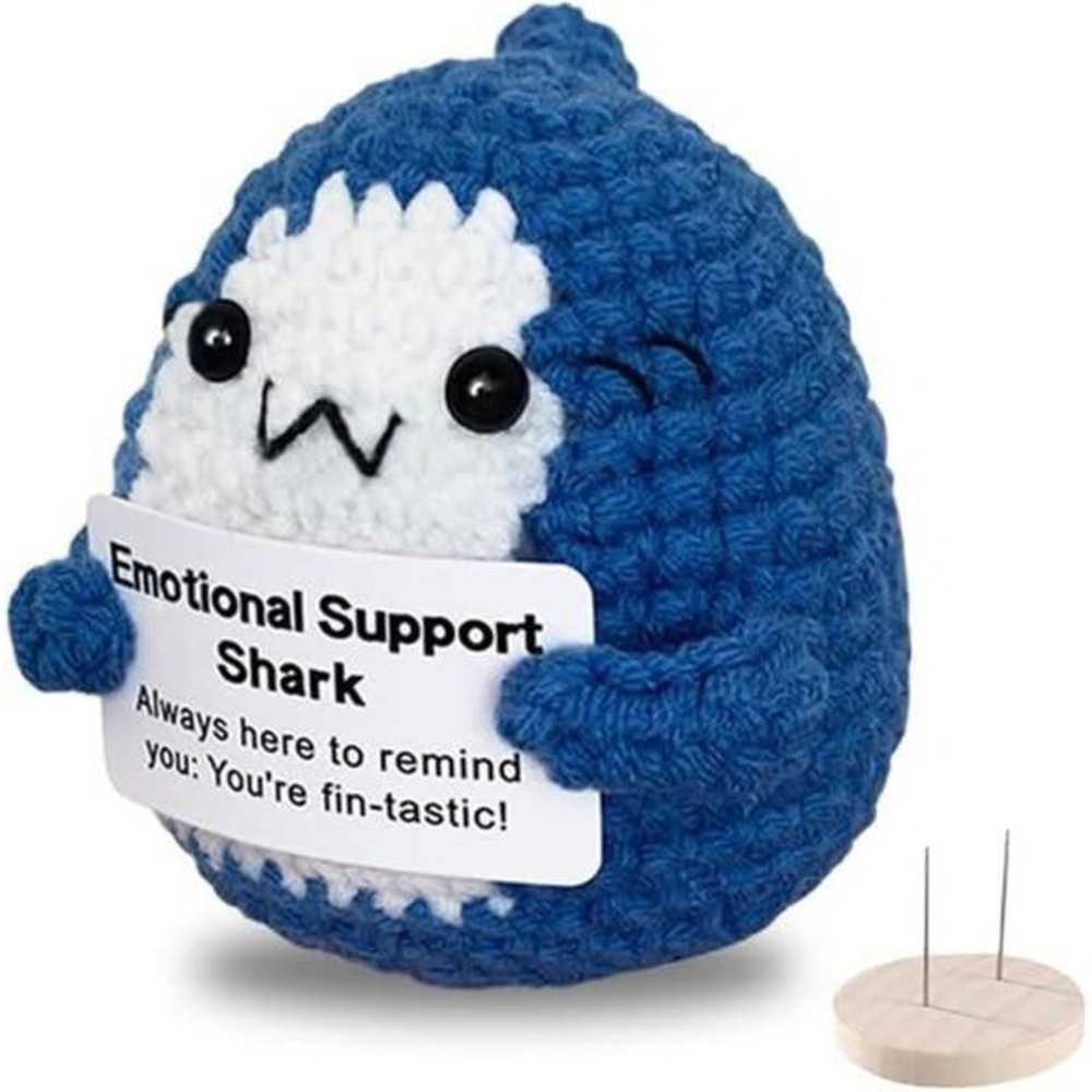 Crocheted Emotional Support Sharkβ Plush Blue Cute Kawaii Gift WITH STAND